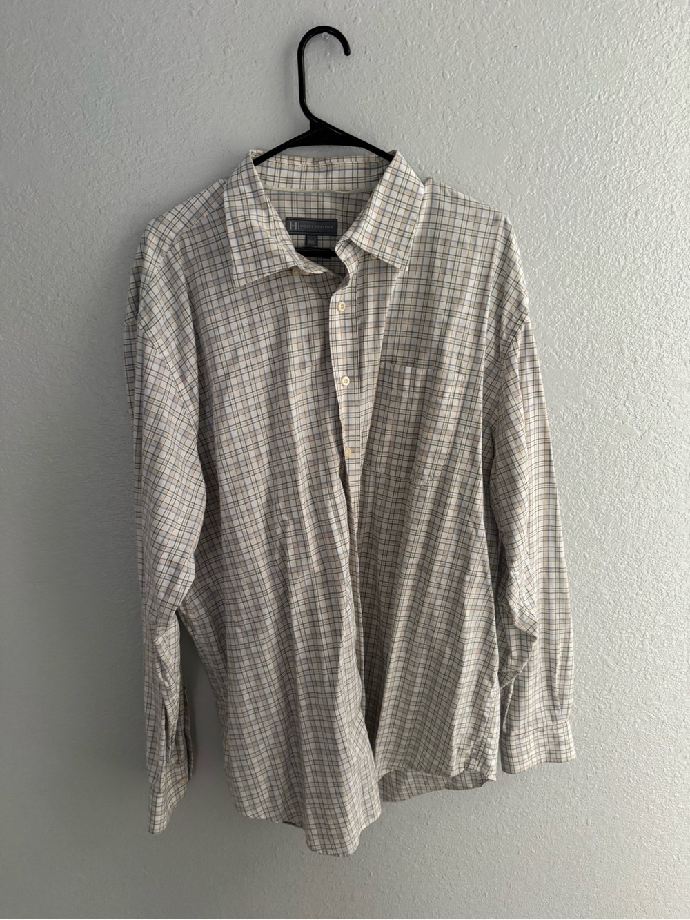 Hickey Freeman Light Cream Plaid Button-Down Shirt with Blue & Tan Checks